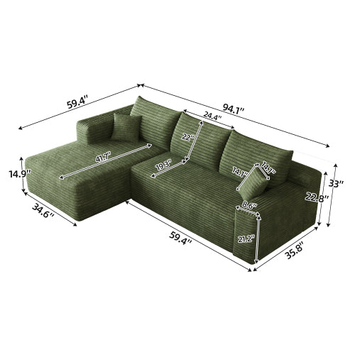 95 inch  Green Plush Corduroy U-Shaped Cloud Modular Sofa, No Assembly