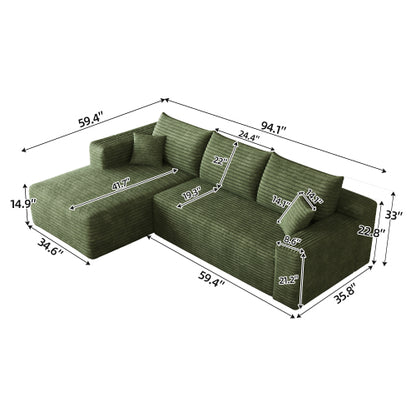 95 inch  Green Plush Corduroy U-Shaped Cloud Modular Sofa, No Assembly