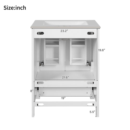 24-inch bathroom vanity with integrated undermount basin and a storage cabinet featuring 2 doors and 1 drawer. Includes double-layer door shelf, soft-close design, and versatile storage solutions