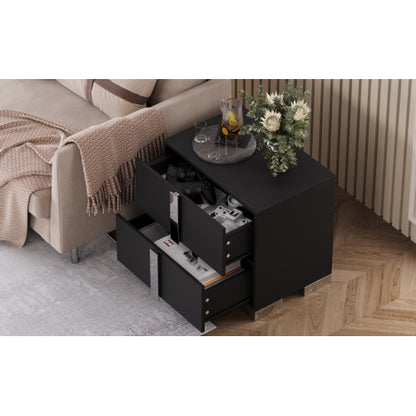 Modern End Table with Drawers, Elegant Nightstand with Metal Foot,Wood Bedside Table with Mirrored Metal Handles,Sofa Side End Table for Bedroom Living Room Office,Black