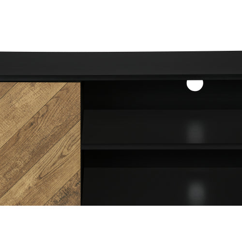 72 Inch Brown Black Grooved TV Stand with Black Wood Legs & Dual Cable Holes