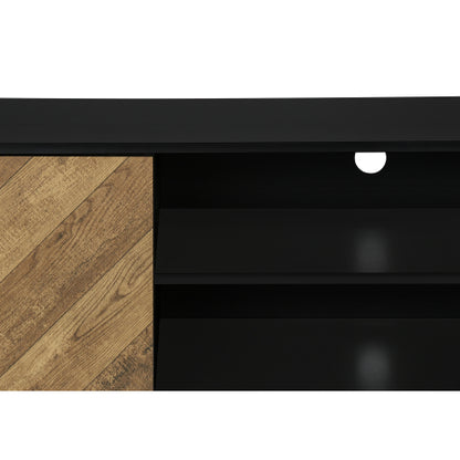 72 Inch Brown Black Grooved TV Stand with Black Wood Legs & Dual Cable Holes