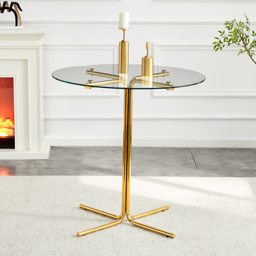 Round glass bar high table, 36 inch round bar table, tempered glass tabletop, sturdy gold chrome plated four column support, suitable for transparent round bar tables in small spaces, kitchens