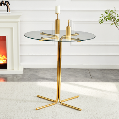 Round glass bar high table, 36 inch round bar table, tempered glass tabletop, sturdy gold chrome plated four column support, suitable for transparent round bar tables in small spaces, kitchens