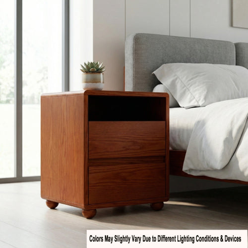 20inch Modern Nightstand with 2 Drawers And Shelves Solid Wood Night Stand with Charger Station Mid Century Bedside Table Curved Wood Side Table-Walnut