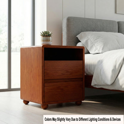 20inch Modern Nightstand with 2 Drawers And Shelves Solid Wood Night Stand with Charger Station Mid Century Bedside Table Curved Wood Side Table-Walnut