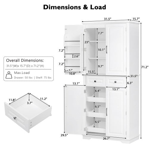 71inch  Farmhouse Pantry Cabinet with Pull-Out Organizers White
