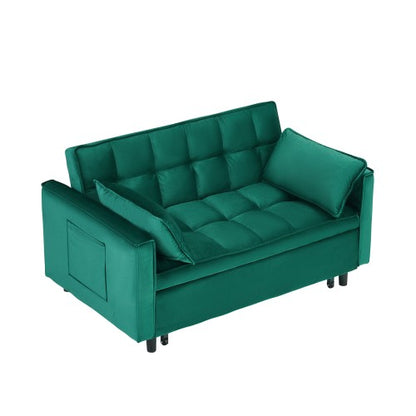 55-Inch Green Velvet 3-in-1 Convertible Sleeper Loveseat Sofa-Bed with Side Pockets for Living-Room Guest-Room