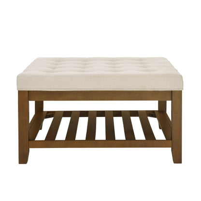 Upholstered Coffee Table Tufted Linen Large Square Ottoman with Beech Wood Shelf and Frame, Oversized Footrest Ottoman for Living Room,Office,Bedroom,Outdoor IVORY