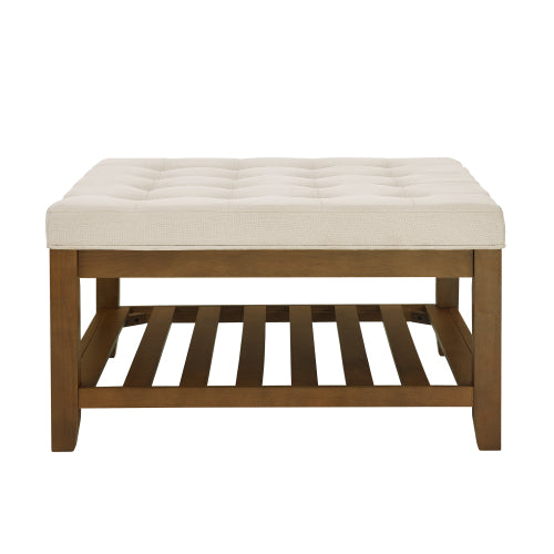 Upholstered Coffee Table Tufted Linen Large Square Ottoman with Beech Wood Shelf and Frame, Oversized Footrest Ottoman for Living Room,Office,Bedroom,Outdoor IVORY