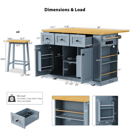 53inch Large Kitchen Island with 2 Bar Stools,Power Outlet,Door Internal Storage Rack,Kitchen Storage Cart on 5 Wheels with Drop Leaf,5 Open Side Racks,3 Drawers,Grey Blue (Three Packages)