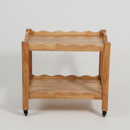 Solid Rubberwood Rolling Side Table, 2-Tier with Lockable Wheels & Removable Tray, Sturdy Durable for Bar Cart, Nightstand, End Table, Sofa Table