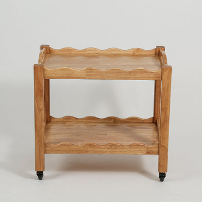 Solid Rubberwood Rolling Side Table, 2-Tier with Lockable Wheels & Removable Tray, Sturdy Durable for Bar Cart, Nightstand, End Table, Sofa Table