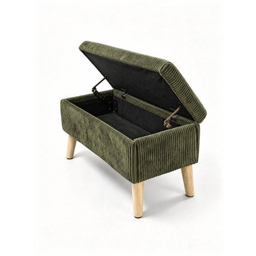 32 inch Olive Green Corduroy Flip-Top Storage Ottoman Bench, Wooden Leg Upholstered End of Bed & Entryway Stool