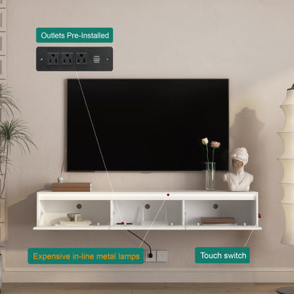 White Wall Mount High Gloss Floating TV Cabinet with Touch LED Light & Power Outlet