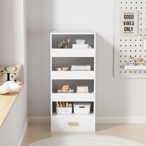 4-Tier Bookshelf with Sliding Drawers and Bottom Drawer