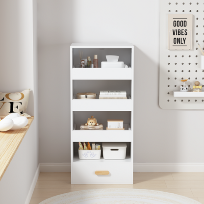 4-Tier Bookshelf with Sliding Drawers and Bottom Drawer