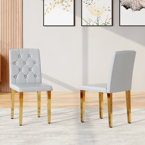 Set of 2 Light Grey PU Dining Chairs, Ergonomic Buckle Backrest, Gold Metal Legs, 35 inch  High