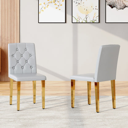 Set of 2 Light Grey PU Dining Chairs, Ergonomic Buckle Backrest, Gold Metal Legs, 35 inch  High