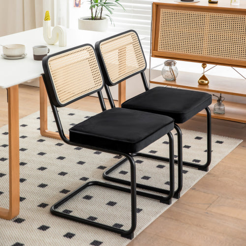 Set of 2 Black Velvet Rattan Cantilever Dining Chairs, Chrome Tubular Steel Breuer Stackable Side Chairs