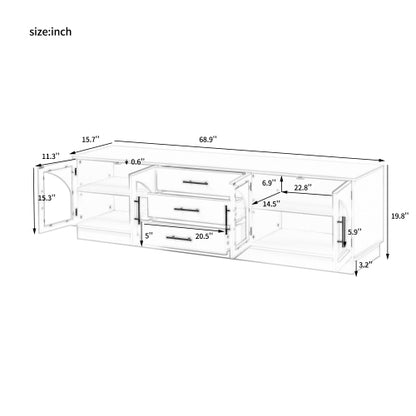68.9 Inch Minimalist Arched Glass TV Stand for 75 Inch TV with 3 Drawers & Adjustable Shelves