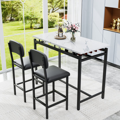 3-Piece Rustic Black Bar Set, Marble Surface Table & 2 Grey PU Chairs