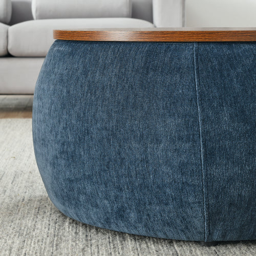 Dark Blue Round Pleated Fabric Storage Ottoman, Includes Matching Small Stool, 250 LBS Load Capacity, 25 inch x25 inch x14.7 inch