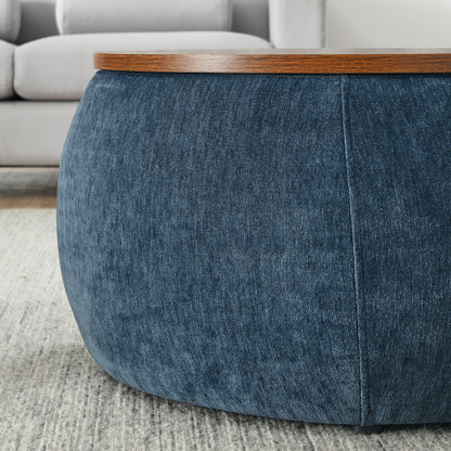 Dark Blue Round Pleated Fabric Storage Ottoman, Includes Matching Small Stool, 250 LBS Load Capacity, 25 inch x25 inch x14.7 inch
