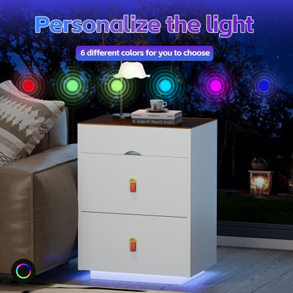 3-Drawer 30'' Nightstand with  LED Light, Modern Nightstand with 3 Storage Drawers, Bedside Table with Glass Top Jewelry Storage and Faux Leather Handles for Bedroom, Livingroom, Cloakroom, White