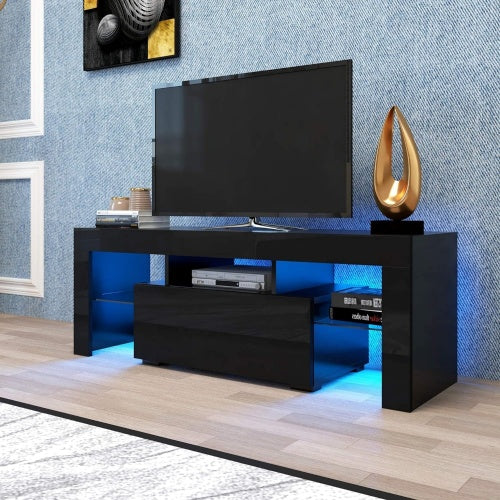 Black High Gloss UV LED TV Console, Flip Door Glass Shelf Stand for Up to 55 Inch TV