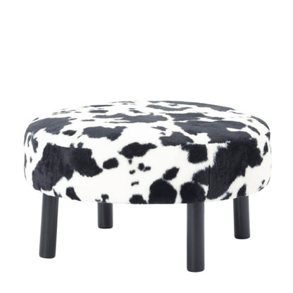 27.56 inch Round Faux Rabbit Fur Ottoman, Solid Wood Leg Upholstered Footrest Extra Guest Seat