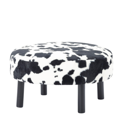 27.56 inch Round Faux Rabbit Fur Ottoman, Solid Wood Leg Upholstered Footrest Extra Guest Seat