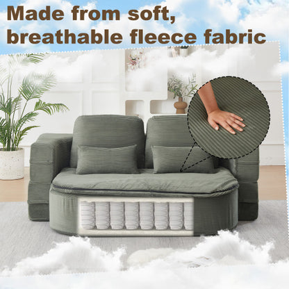 75 inch  Corduroy Convertible Floor Sofa Bed with Built-in Blanket & 4 Pillows