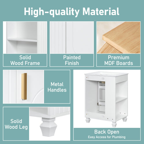24" Bathroom Vanity with Sink, Bathroom Cabinet with Door Shelf, Side Open Storage, Solid Wood Frame,Soft Closing Door, White