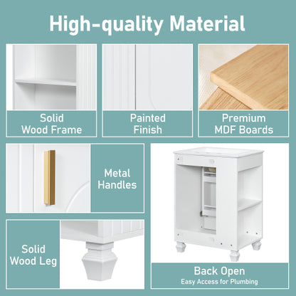 24" Bathroom Vanity with Sink, Bathroom Cabinet with Door Shelf, Side Open Storage, Solid Wood Frame,Soft Closing Door, White