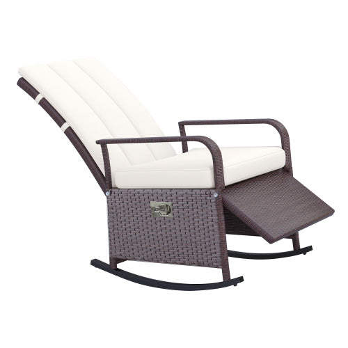 Outsunny Wicker Outdoor Rocking Chair, Patio Recliner with Adjustment Backrest, PE Rattan Lounge Chair with Adjustable Footrest and Cushions for Garden, Backyard, Porch, Beige