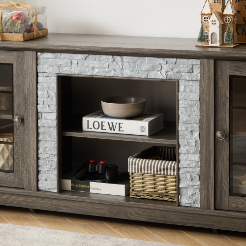 58 Inch Grey Faux Stone Two-Door TV Media Console Adjustable Shelves 6 Cable Holes Fits TVs Up To 65 Inch