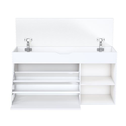 Entryway Bench with Shoe Storage,Adjustable 3-Tier Flip-Up Drawers & Hidden Cabinet,Space-Saving Shoe Organizer,Triple Storage and Modern Design,for  Hallway and Living Room,White