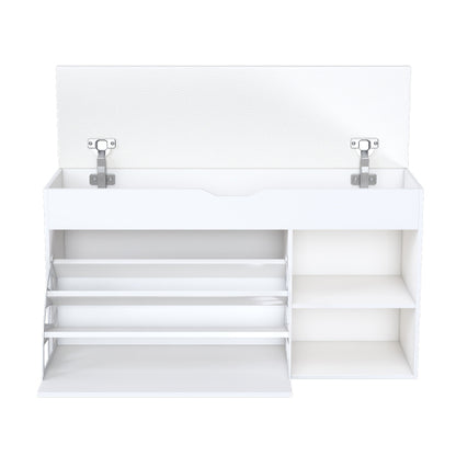 Entryway Bench with Shoe Storage,Adjustable 3-Tier Flip-Up Drawers & Hidden Cabinet,Space-Saving Shoe Organizer,Triple Storage and Modern Design,for  Hallway and Living Room,White
