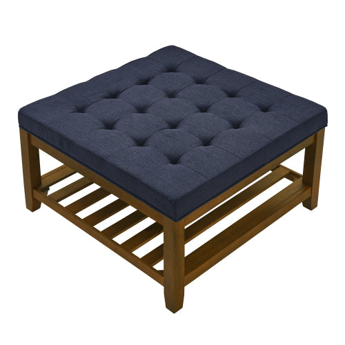 33.5 inch Navy Blue Tufted Linen Square Ottoman Coffee Table, Beech Wood Frame Storage Footrest Stool