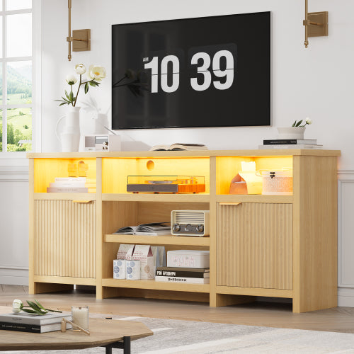 Oak Highboy LED TV Stand with Adjustable Storage Cabinets for 80 Inch TV Entertainment Center