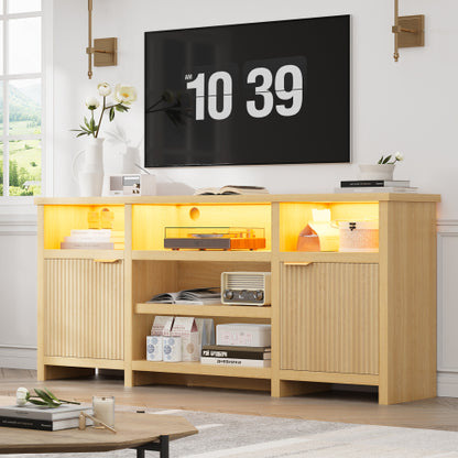 Oak Highboy LED TV Stand with Adjustable Storage Cabinets for 80 Inch TV Entertainment Center