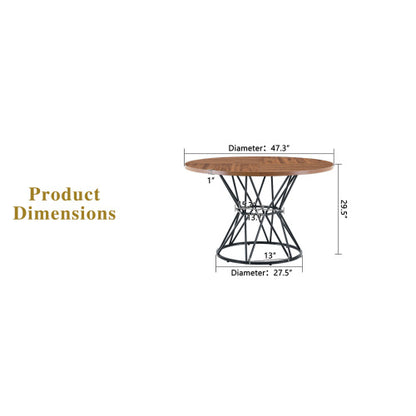 47.3 Inch Walnut Wood Grain Round Dining Table with Hourglass Metal Bracket for 4-6 People
