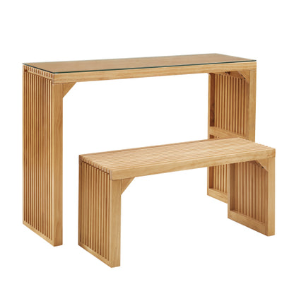 Natural Pine Dining Long Bench and Table Set – Versatile Indoor Wood Furniture for Entryway, Living Room, Kitchen, and Bedroom – Includes Small Tempered Glass Top