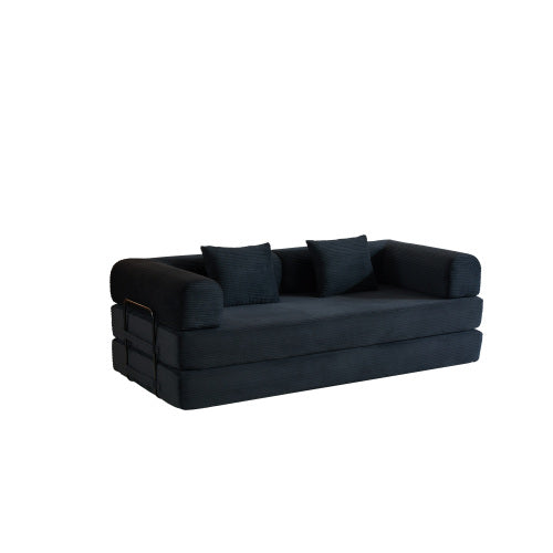 Corduroy Convertible Sleeper Sofa-Bed Fixed-Shape Metal-Frame Floor Lounge Couch with Cylindrical Pillow No-Assembly