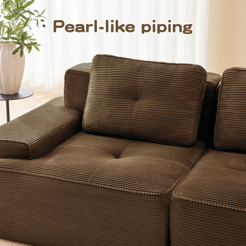 82-Inch Brown Corduroy L-Shaped Modular Sectional Tufted Sofa with Movable Ottoman No-Assembly