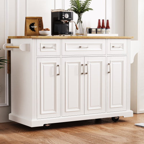 54 Inch Rolling Kitchen Island with Drop Leaf Drawers & Wheels White