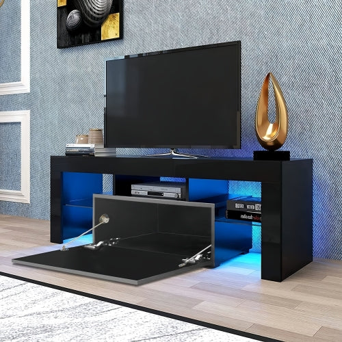Black High Gloss UV LED TV Console, Flip Door Glass Shelf Stand for Up to 55 Inch TV