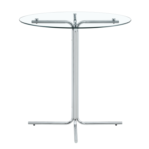 Round glass bar high table, 36 inch round bar table, tempered glass tabletop, sturdy silver chrome plated four column support, suitable for transparent round bar tables in small spaces, kitchens