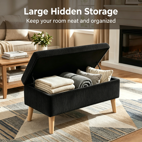 32 inch Corduroy Storage Ottoman Bench with Flip Top & Wood Legs